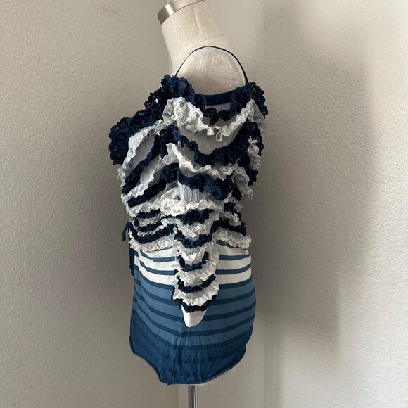 Jean Paul Gaultier Ruffled Blue & White Striped Lace Top Spaghetti Straps Sz S - Picture 4 of 16